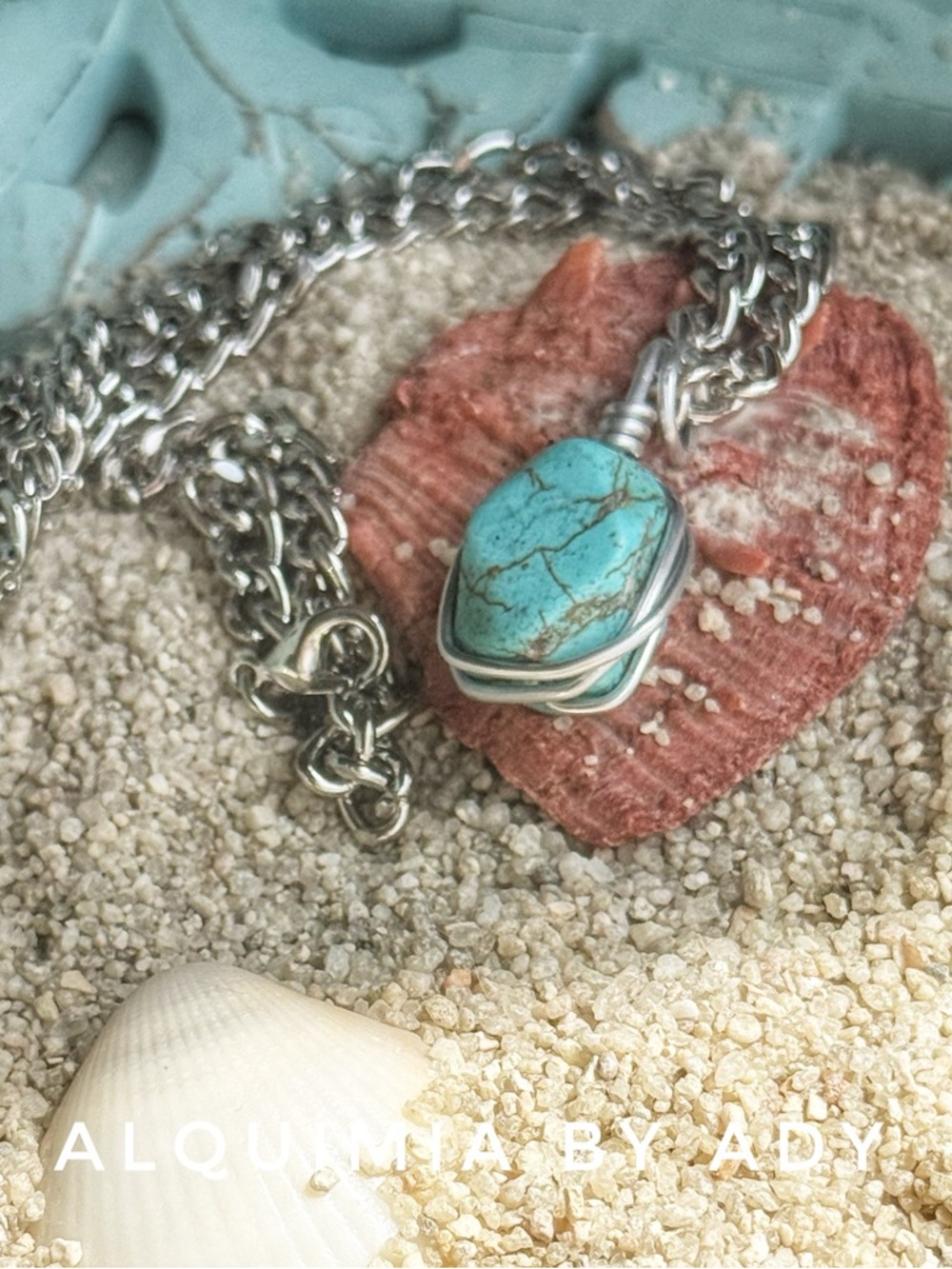 Cuban chain Turquoise Stone Necklace with Silver Wire Wrap